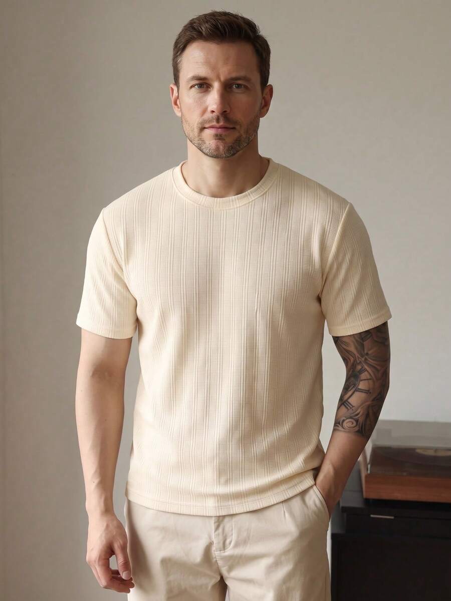 Men's Textured Plaid Round Neck Short Sleeve T-Shirt, Breathable Vintage Casual Top For Summer