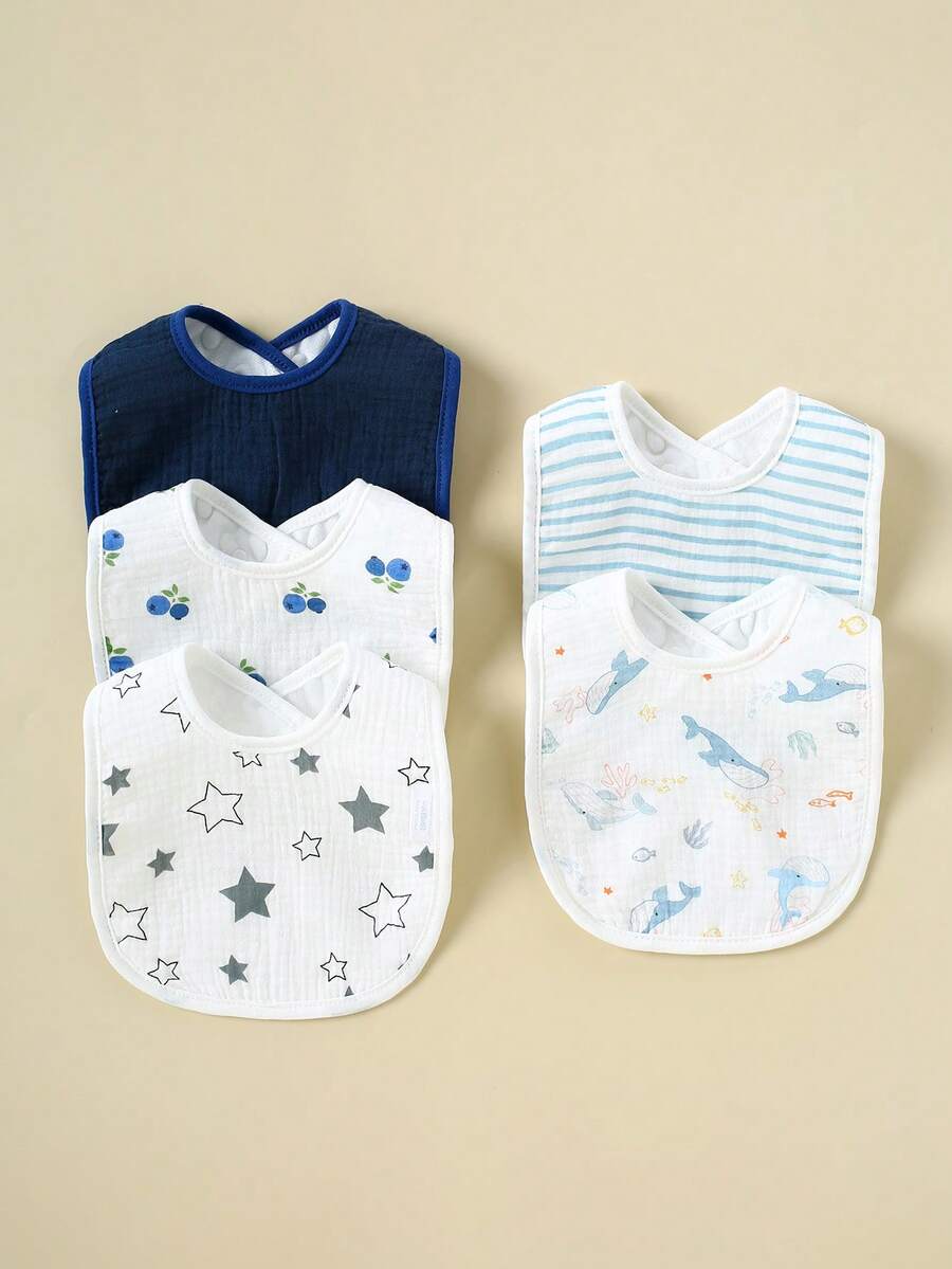 5PCS Pure Cotton Crinkle Fabric Comfortable Breathable Baby U-Shaped Bibs With Soft Bean Fleece Back, Suitable For Newborn Boys And Girls Feeding, Drooling And Teething, Machine Washable - Multicolor - View 1