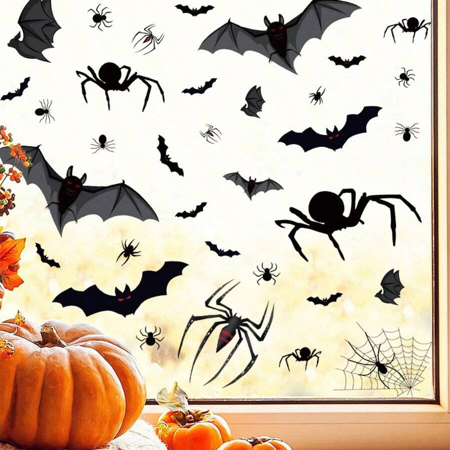 Halloween Static Cling Black Spider & Bat Silhouette Window Decals, Holiday Party Home Decor Self-Adhesive Spider Web PVC Stickers - Cartoon Spider - View 1
