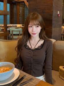 Autumn/Winter Sweet & Spicy Style Square Neck Colorblock Lace Patchwork 2 In 1 Square Neck Base Layer Top Women's Design-Driven Fitted Long Sleeve Sweater - Coffee Brown - View 1
