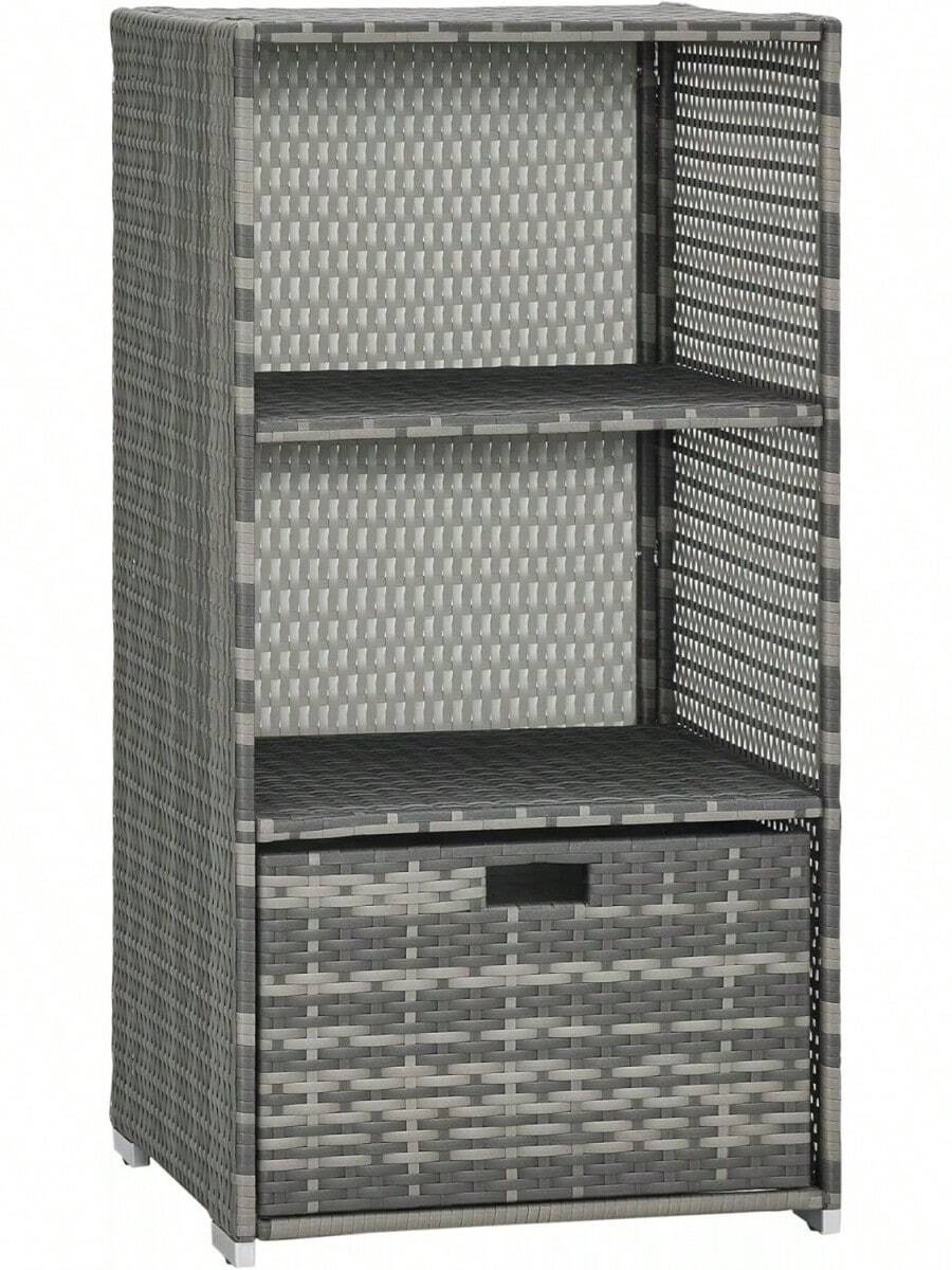 Valet Pool Towel Rack, Waterproof PE Plastic Rattan Wicker Storage Organizer, Indoor Outdoor Spa And Hot Tub Accessory Stand With Two Shelves And One Basket Drawer, Mixed - Grey - View 1