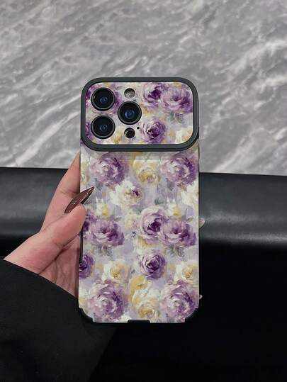 1pc New Vintage Oil Painting Purple Flower Pattern Phone Case Faux Leather Texture Anti-Drop Protective Shell Suitable For IPhone 17/17Pro/17ProMax/16/16Pro/16ProMax/16Plus/15/15Plus/15Pro/15ProMax/14/14Plus/14Pro/14ProMax/13/13Pro/13ProMax/12/12Pro/12ProMax/11/11ProMax, Shockproof Anti-Collision Protective Soft Case