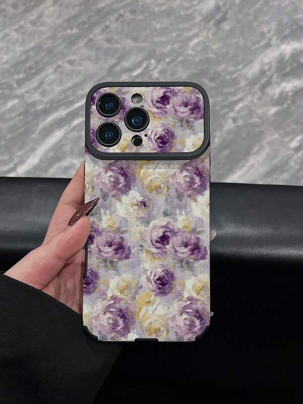 1 st nytt vintage oljemålningsmönstrat mobilskal med lila blommor, konstlädertextur, droppsäkert skyddsskal, lämpligt för iPhone 17/17Pro/17ProMax/16/16Pro/16ProMax/16Plus/15/15Plus/15Pro/15ProMax/14/14Plus/14Pro/14ProMax/13/13Pro/13ProMax/12/12Pro/12ProMax/11/11ProMax, stötsäkert och krockskyddande mjukt skal