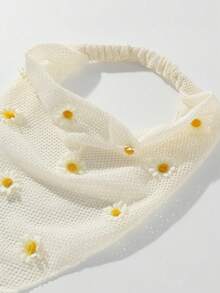 2件/1套 女款時尚原創花卉刺繡捲邊雛菊裝飾髮帶髮箍，適合日常與度假使用 - 白色+黑色 - 查看 3