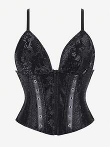 Corset Top Adjustable Spaghetti Strap Women's Fitted Front Zipper Back Lace-Up Slimming Outerwear Camisole Crocodile Pattern Halloween - Black - View 1