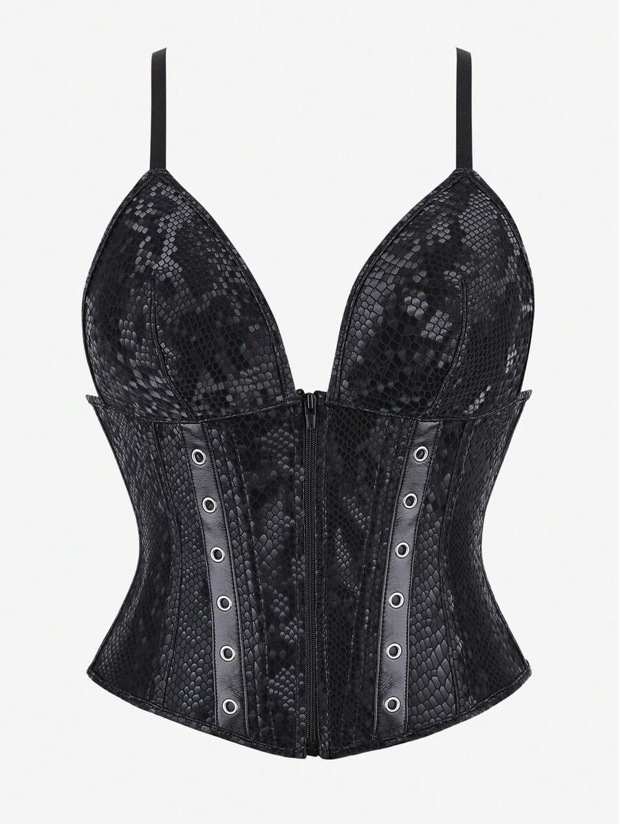 Corset Top Adjustable Spaghetti Strap Women's Fitted Front Zipper Back Lace-Up Slimming Outerwear Camisole Crocodile Pattern Halloween - Black - View 1