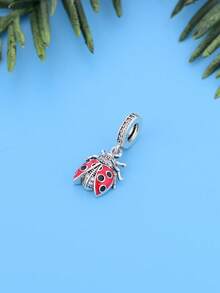 1pc S925 Sterling Silver Zirconia Red Enamel Seven-Spot Ladybug Pendant Lucky Healing Cartoon Insect DIY Bracelet Large Hole Bead Accessory - Silver - View 3