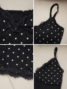 Summer American Retro Sweet Lace Patchwork Polka Dot Print Fitted Camisole, Suitable For Street, Date, Vacation And Outing Casual Black - Black - View 10