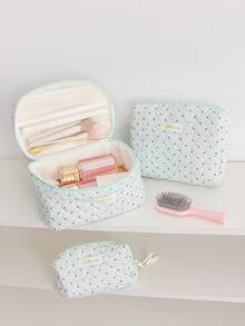 Cute Heart Quilted Makeup Bag Light Blue Polka Dot Cotton Cosmetic Organizer Case Portable Large Capacity Travel Toiletry Bag With Inner Mesh Pocket - Baby Blue - View 9