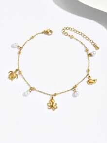 1pc Beach Vacation Style Gold Anklet, Versatile Delicate Chain With Small Pearl And Octopus Pendant, Cute And Playful Design, Fits Ankle Comfortably - Anklet - View 4