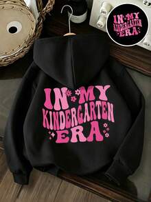 Tween Girl Letter Print Hooded Sweatshirt - Black - View 1
