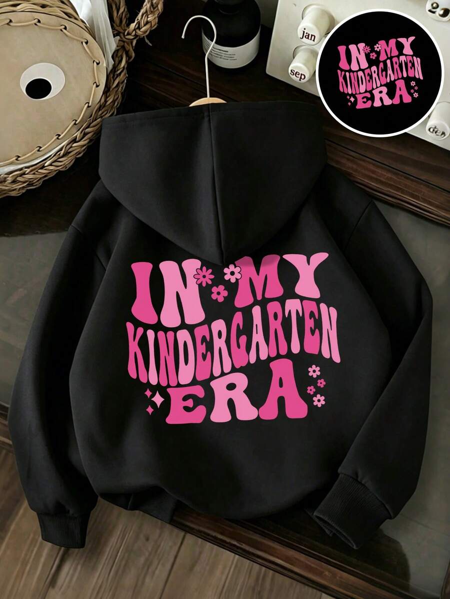 Tween Girl Letter Print Hooded Sweatshirt - Black - View 1