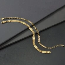 2件組復古極簡風14K鍍金銅質紋理交織手鍊套組，女款日常派對穿搭時尚疊戴飾品 - 金色 - 查看 4