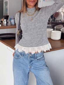 Women's Ribbed Contrast Lace Hem Knit Long Sleeve Top - Light Grey - View 4
