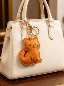 Cute PU Leather Cartoon Cat Keychain Bag Charm Pendant, Creative Personalized Gift Decoration, Versatile Cartoon Design, Suitable For Bag Decoration And Women's Car Key Accessory, Available In Coffee And Beige Colors, Fun Gift For Family And Friends - Multicolor - View 2