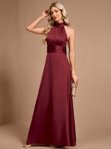 Burgundy Elegant Halter Neck Sleeveless Satin A-Line Evening Gown, Autumn/Winter Formal Dress, Suitable For Wedding Guests, Prom, Party And Holiday - Burgundy - View 4