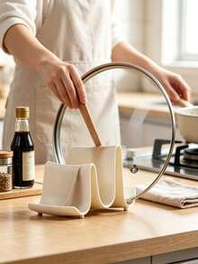 1pc Creative Minimalist Wavy Pot Lid Holder, Plastic Utensil Rack, Countertop Kitchen Storage Rack, Spoon & Chopstick Holder, Kitchen Accessories, Kitchen Utensils, Kitchen Spoon Rest, Kitchen Spoon Rack, Spoon Holder - White - View 2