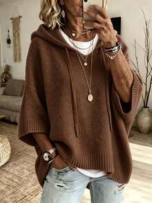 Casual Oversized Hooded Knit Poncho Top Drawstring Hood 3/4 Batwing Sleeve Side Slit Loose Pullover Minimalist Sweater - Brown - View 1