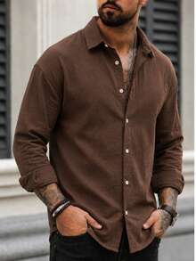 Men's Long Sleeve Button-Down Relaxed Fit Linen-Blend Shirt - Chocolate Brown - View 2