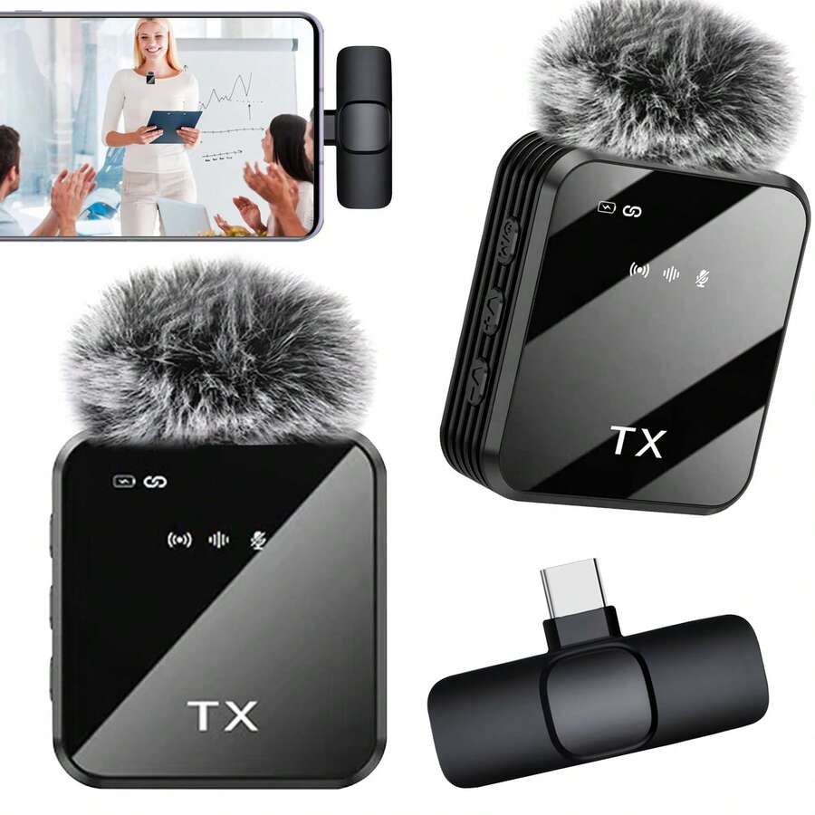 Micrófono de solapa inalámbrico compatible con iPhone & TypeC 2.4G de ultra baja latencia con reducción de ruido de un solo botón, micrófono de condensador portátil mini con múltiples modos de audio para podcasting, grabación de video, vlog, enseñanza, esencial para el regreso a la escuela, capacidad de batería 230 mAh