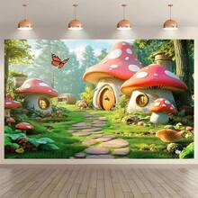 Magic Forest Fairy Tale Mushroom House Photography Backdrop, Multi-Functional Polyester Party Banner Suitable For All Seasons, Perfect For Garden And Room Decoration, No Electricity Required - Multicolor - View 5