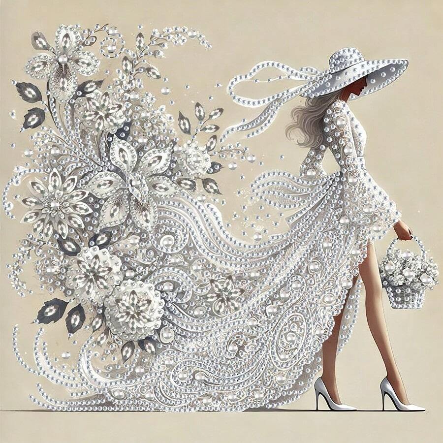 White Flower Elegant Women Theme Diamond Painting Set | Partial Asymmetrical Diamond Inlay, Acrylic Material, 30cm X 30cm, Suitable For Living Room, Bedroom, Study Home Decor, Ideal Handmade Gift - View 1