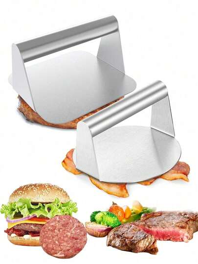 1 buah Alat Penekan Burger, Alat Penekan Burger Stainless Steel, Penekan Burger dengan Pegangan Stainless Steel, Alat Penekan Hamburger Bulat, Alat Penekan Hamburger Stainless Steel Anti Lengket dengan Pegangan Ergonomis, Alat Penekan Hamburger Persegi