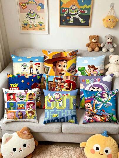 Disney Vỏ gối trang trí sofa Toy Story họa tiết nền mây trời xanh, in hai mặt, vải mịn thân thiện với da, vỏ đệm trang trí