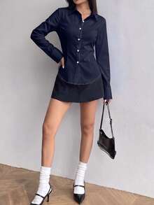 女款夏季新款長袖修身領口鈕扣運動襯衫 - 藏蓝色 - 查看 6