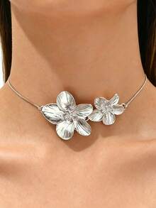1pc Fashionable Vintage High-End Luxury Style 3D Flower Double Pendant Adjustable Chain Necklace, Kids Version - Silver - View 6