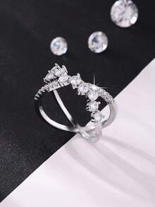 1pc Fashionable Personalized Cross Design, Inlaid With Shiny Synthetic Zirconia Women's Ring, Christmas, Holiday Gift - Silver - View 2