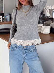 Women's Ribbed Contrast Lace Hem Knit Long Sleeve Top - Light Grey - View 1