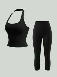 UONNOU 2 Pieces Women's Sculpting Workout Set, Halter Open Back Top & High Waist Butt Lifting Capri Leggings For Yoga & Gym - Black - View 1
