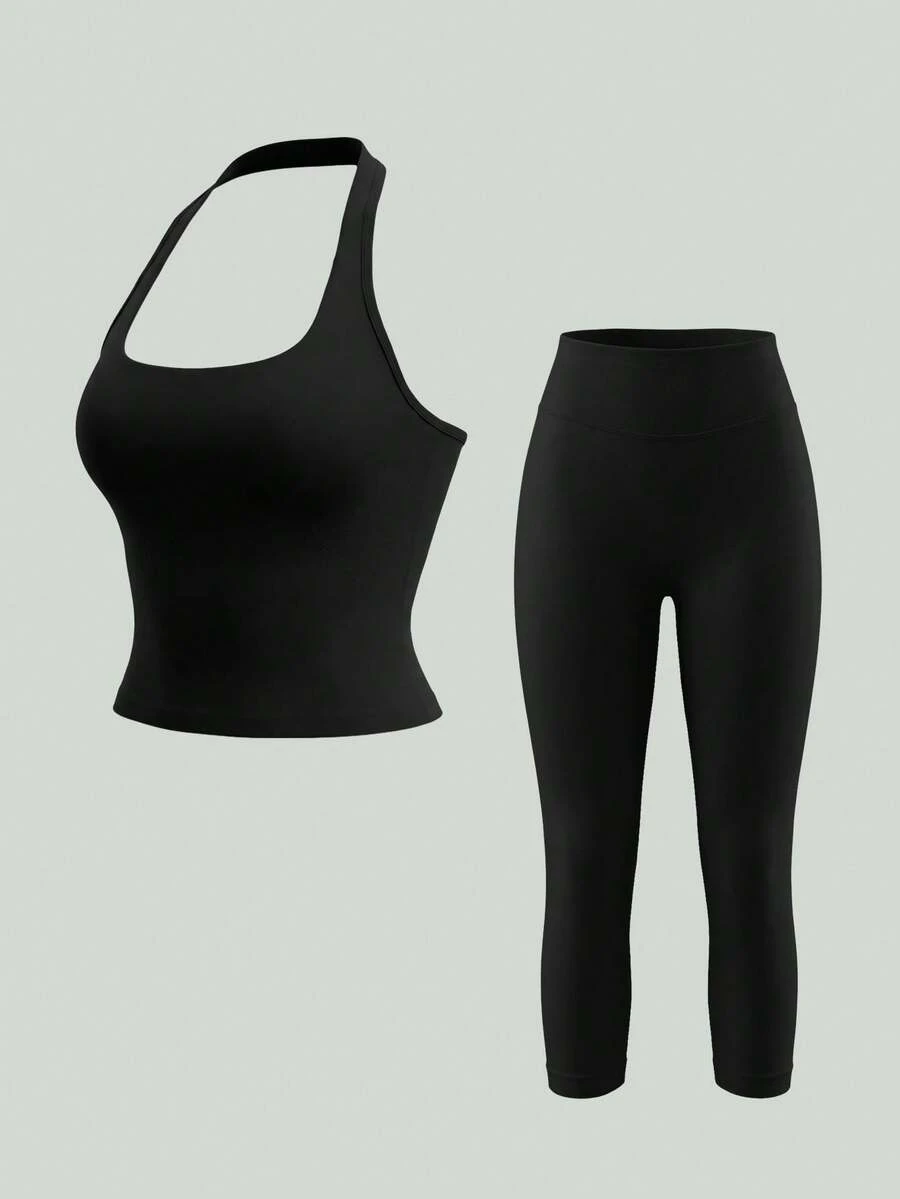 UONNOU 2 Pieces Women's Sculpting Workout Set, Halter Open Back Top & High Waist Butt Lifting Capri Leggings For Yoga & Gym - Black - View 1