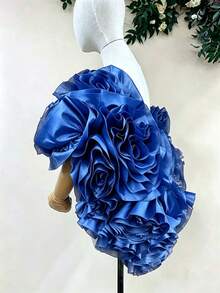 European & American Bride Romantic Elegant 3D Rose Applique Heavy Embroidery Wedding Dress Accessory Arm Cover Short Cape Shawl - Royal Blue - View 2