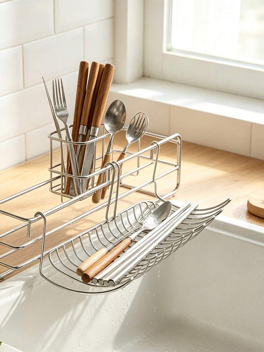 Stainless Steel Kitchen Drain Rack, Sink Edge Multi-Function Storage Basket, Small Hanging Shelf, Utensil And Knife Storage Rack, Drill-Free Hanging Kitchen Drain Basket, Space-Saving Kitchen Countertop Storage Accessory, Perfect For Storing Utensils, Kitchen Knives And Kitchen Supplies, Easily Achieve A Tidy Kitchen - A - View 1