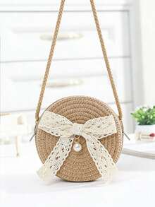 1pc -Adorned Round Crossbody Bag With Lace Bow & Adjustable Strap-Handbag, Zipper Closure For Casual, Preppy, Vacation (5.12"/2.36" Compact Purse) - Multicolor - View 4