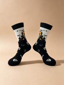 2 Pairs Halloween Couple Mid-Calf Socks, Women's, Haunted House, Skeleton, Bat, Scarecrow And Pumpkin Patterns, Collegiate Style Socks, Halloween Fun Casual Socks, Suitable For Daily Wear. - Multicolor - View 18