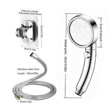 Silver Handheld Shower Head Set With On/Off Button, Flexible Hose And Adhesive Wall Mount, Bathroom Accessory - Shower Head - View 3