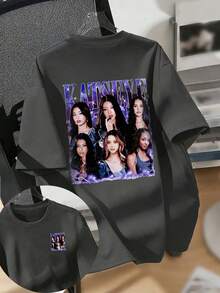 Teen Girl, KATSEYE 6 Members Print American Street Style Crew Neck Short Sleeve Pullover T-Shirt Summer Top - Dark Grey - View 5