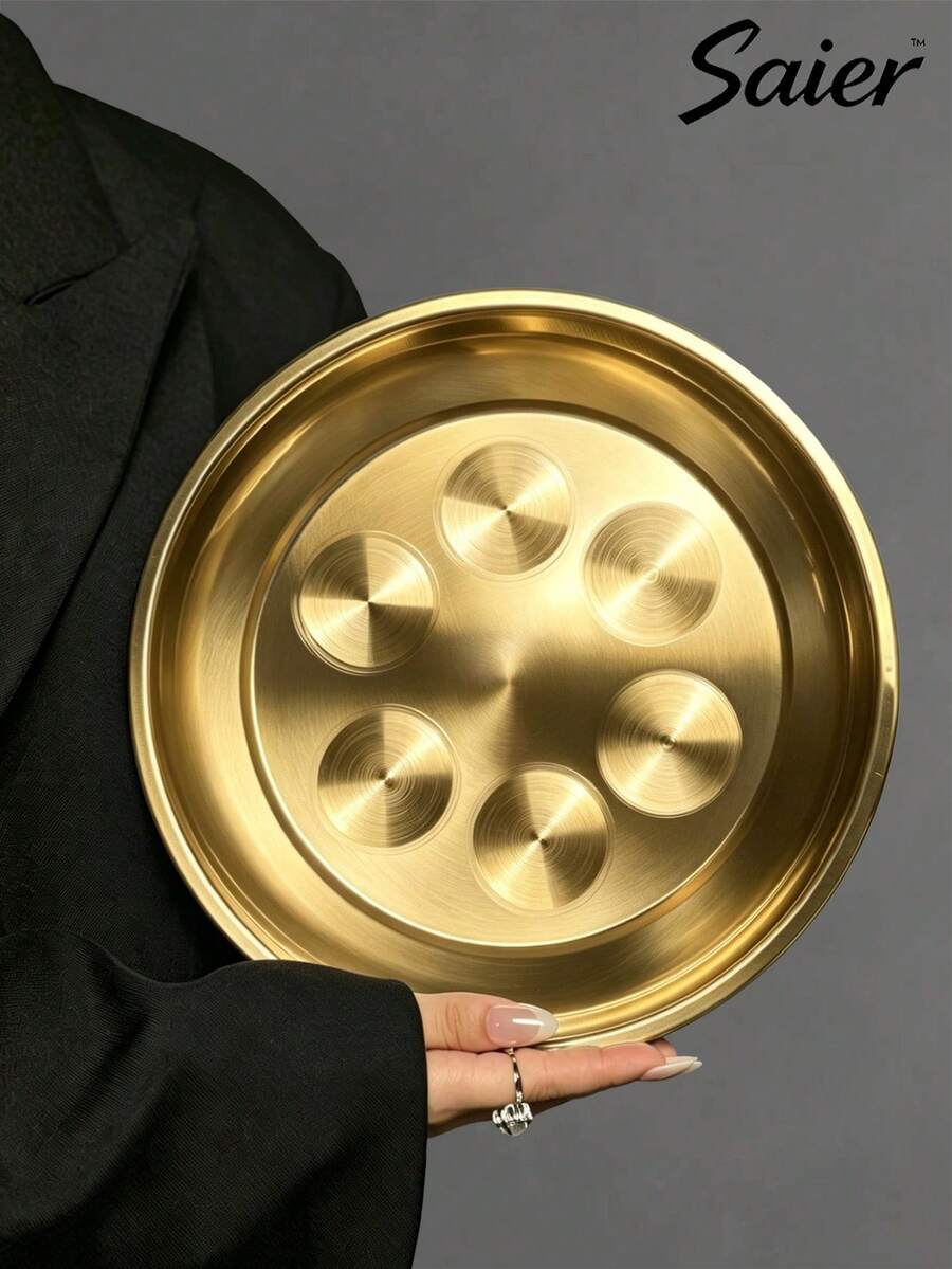 6pcs/3pcs/1pc Gold Round Patterned Stainless Steel Dinner Plate Set, 25cm/9.8in Size, Multi-Piece Combination, Luxury Holiday Banquet Atmosphere, Suitable For Daily Restaurant Kitchen Food Display, Restaurant Gathering, Outdoor Dining, Party, Kitchen Utensils, Easy Storage, Ramadan, Wedding, National Day, White Day - Multicolor - View 1