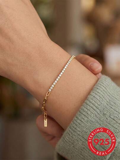 1 Piece 925 Sterling Silver 14k Gold Zirconia Tennis Chain Bracelet Basic Paperclip Chain Simple Jewelry For Women, Men Wedding Party Banquet Gift