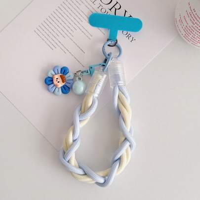 Dopamine Colorblock Short Phone Lanyard Double-End Thick Braided Wrist Strap With Sunflower Charm + Lanyard Clip, Fashionable Versatile Anti-Loss Universal Phone Chain, Keychain Pendant, Water Bottle Strap, Bag Charm For Women