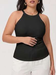 Plus Size Rib-Knit Halter Neck Tank Top With Built-In Bra, Sexy Seamless Wireless Cami, Sleeveless Summer Crop Top - Black - View 5