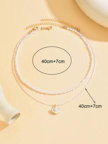 2pcs Teen Fashion Minimalist Asymmetrical Faux Pearl Beaded Alloy Shell Pendant Double Layer Stackable Sweet Collarbone Chain Suitable For Beach Wear Daily Outfit Versatile - Multicolor - View 3