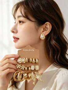 6-18PCS Gold Fashion Elegant Casual Women's Earrings Set, Includes Pearl Studs, Flower, Water Drop, Wave Geometric Design, Suitable For Daily Commute, Date, Vacation, Everyday Versatile, Unique Non-Clashing Style - Gold - View 2