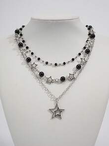 3pcs/Set Y2K Grunge Style Alloy Black Bead Hollow Star Multi-Layer Leather Cord Necklace Set, Daily Streetwear Accessory For Women - Black - View 8