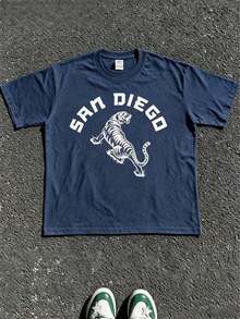 1pcs Vintage San Diego Tiger Graphic T-Shirt, Unisex Tee For Men Women, 100% Cotton Retro Funny Print Top, Summer Casual Daily Outfit - 藏藍色5 - 查看 5