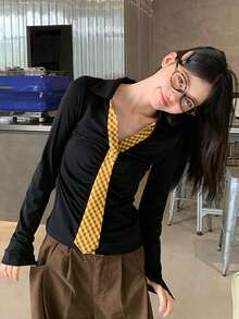 Kaos Lengan Panjang Hitam Wanita Gaya Korea Musim Gugur Slim Fit Atasan Dalaman Kasual - Hitam - View 6