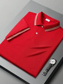 男士夏季輕量對比飾邊 Polo 衫 | 有領短袖休閒上衣，適合戶外、街頭、海灘、日常與輕量運動穿著 - 紅色 - 查看 3